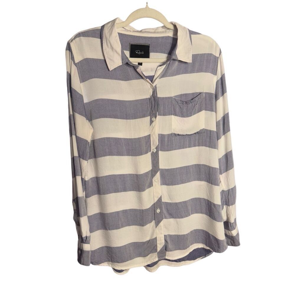 Rails 100% Rayon Long Sleeve Button Sleeve Button Down Blue & White Striped Shir